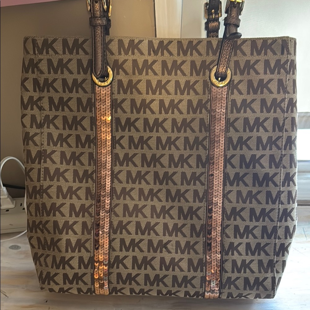 Michael Kors Brown Signature Tote with Leather Trim and Sequins